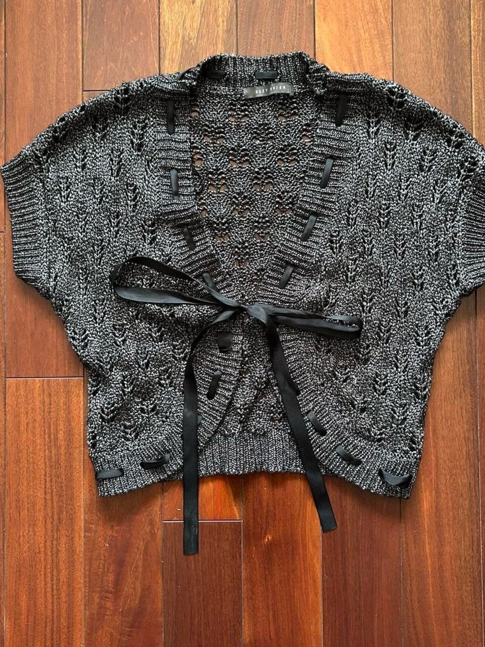 Cute Coquette Style Open Knit Tie Cardigan Grey / Black
